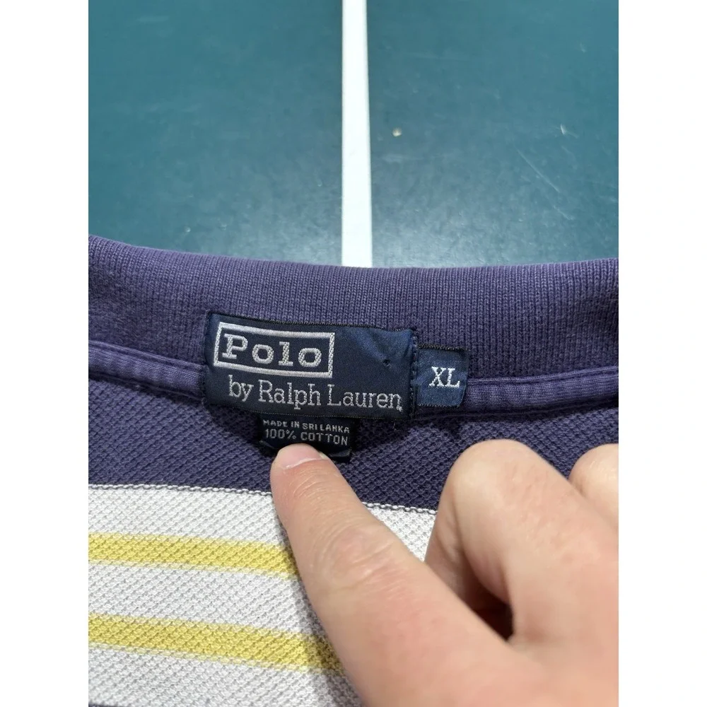 Vintage Polo Ralph Lauren Polo Shirt Men Large Blue Yellow Striped Cotton Pique